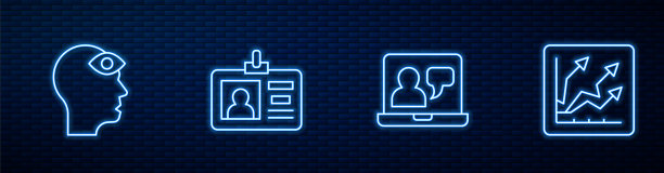 线上教育，第三眼人，身份证章，财务增长。砖墙上发光的霓虹灯图标。向量图片下载