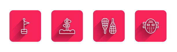 设置线位置标记，道路交通路标，雪鞋和曲棍球面具长阴影。红色方块按钮。向量图片下载