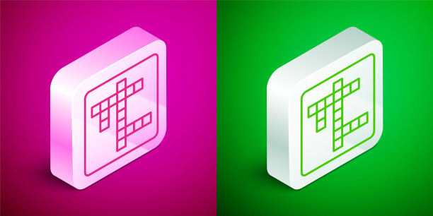 等距线填字游戏图标隔离在粉红色和绿色的背景。银色方形按钮。向量图片下载