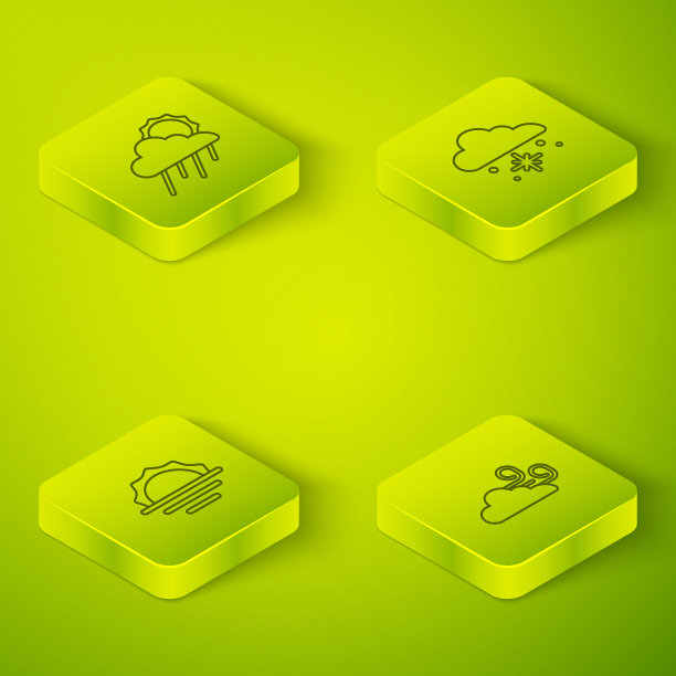 设置等距线云与雪，日出，刮风天气和雨和太阳图标。向量图片下载