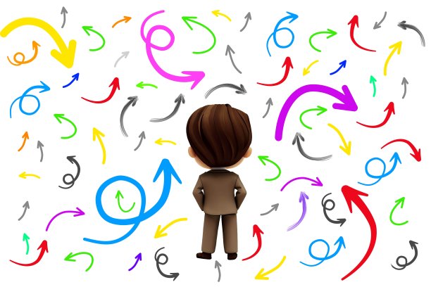 一个陷入困境的商人站在一个随机的箭头中图片下载