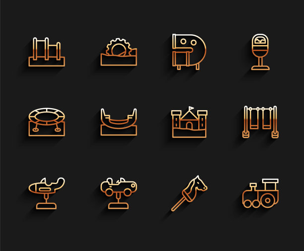 集线秋千平面，汽车，单杠，玩具马，火车，船秋千，双沙城堡图标。向量图片下载