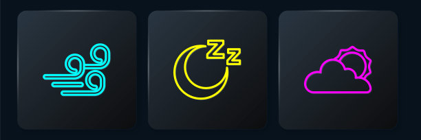 有风的天气，有太阳，有云，该睡觉了。黑色方形按钮。向量图片下载