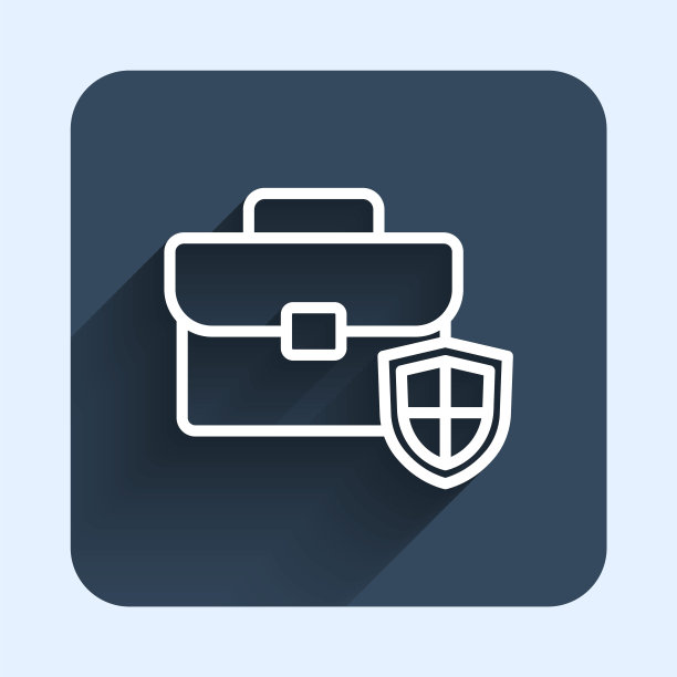 白线公文包与盾牌图标隔离与长阴影背景。保险的概念。安全、安全、保护、保护的理念。蓝色方形按钮。向量图片下载