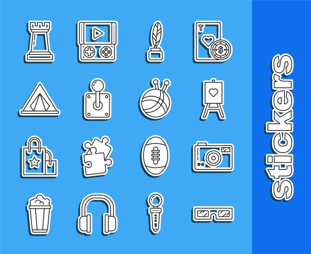 集线3D电影眼镜，木画架或绘画艺术板，羽毛和墨水瓶，游戏机操纵杆，旅游帐篷，国际象棋符号和纱线球与针织针图标。向量图片下载