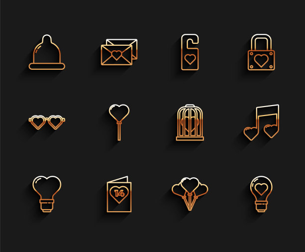 设线心形在一个灯泡，情人节传单与心脏，避孕套，气球的形式，音乐笔记，音调心脏和鸟笼图标。向量图片下载