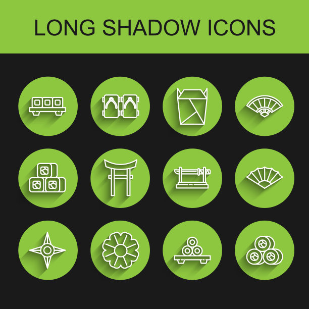 设置线日本忍者神剑，花，寿司砧板，门，纸中国或日本折扇和传统武士刀图标。向量图片下载