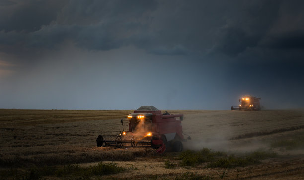 夕阳下在麦田里工作的收割机。图片下载