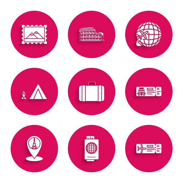 集旅行箱旅游，护照与机票，航空公司，游轮旅游，地图指针埃菲尔铁塔，旅游帐篷木材火，环球飞行飞机和邮政邮票和山脉图标。向量图片下载