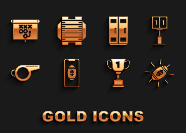 设置智能手机与屏幕上的美式橄榄球，奖杯，哨子，更衣室的足球，篮球队的工人，规划战略概念和领域的图标。向量图片下载