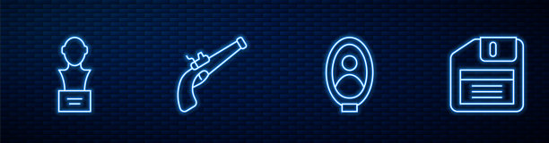 集博物馆肖像画，石膏头像雕塑胸像，古董手枪和软盘。砖墙上发光的霓虹灯图标。向量图片下载