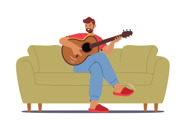 弦乐器课程，私人吉他课程，教育，爱好。成熟男人在家弹吉他。学习演奏图片下载