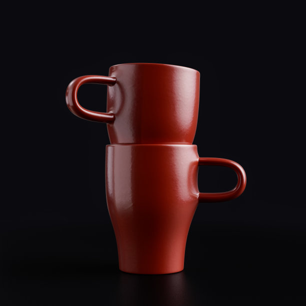 咖啡杯堆叠在一起。棕色塑料材质咖啡杯，黑色背景，3d渲染图片下载
