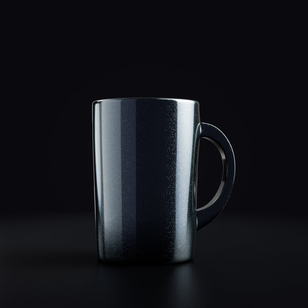 单一的咖啡杯。闪亮的金属深色材料与片状的颜色闪亮的咖啡杯在黑色背景，3d渲染图片下载