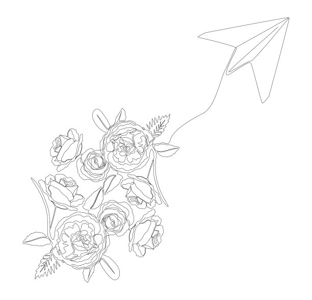 一个连续的线纸飞机与玫瑰花。细线插图矢量概念。轮廓画创意。图片下载