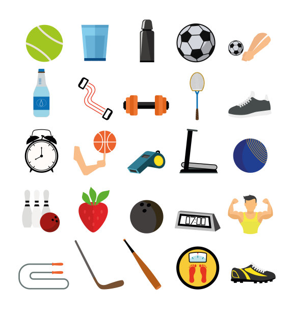 彩色平面设计矢量图标股票插图设置在白色的背景。移动和网络的健身，锻炼，健身房相关的线条图标的设置。图片下载