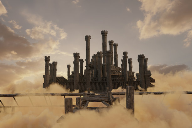 金色云层上的中世纪城堡3D渲染图片下载