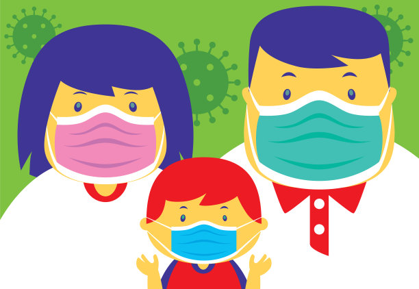 男孩和父母都戴着口罩图片下载
