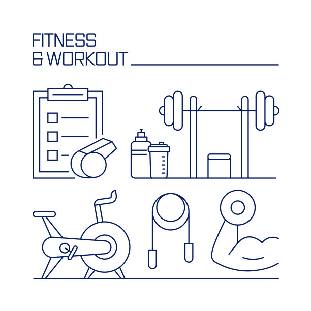 健身和运动相关设计元素。使用大纲图标的模式设计。图片下载