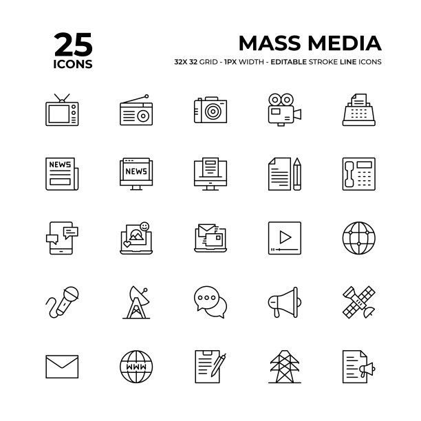 大众媒体线图标集图片下载
