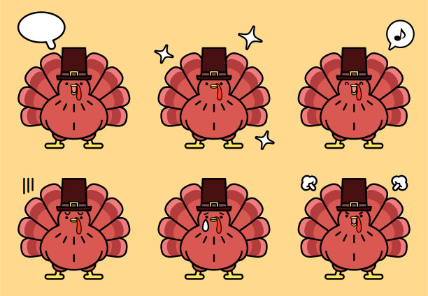 可爱的图标感恩节火鸡，有六个面部表情的颜色柔和的色调图片下载