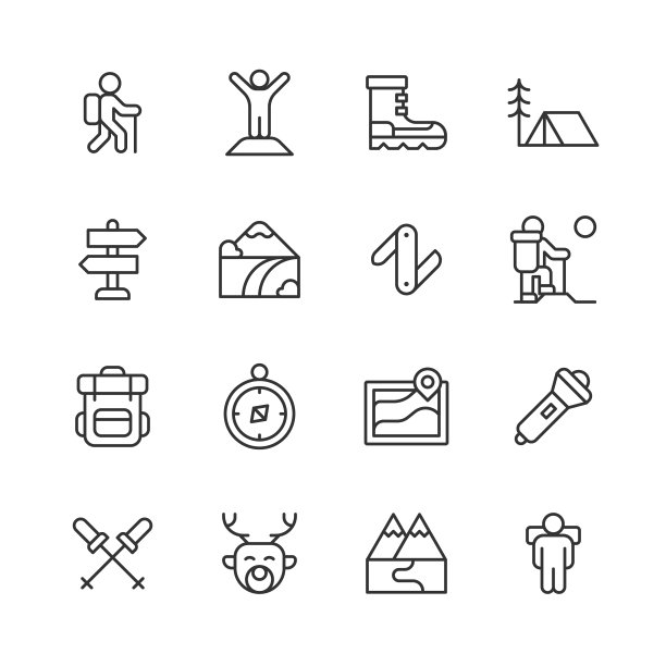 徒步行图标。可编辑的中风。像素完美。移动和网络。包含如背包，篝火，露营，攀登，森林，健康的生活方式，徒步旅行，步道，小屋，地图，山，自然，户外，摄影，旅行，徒步，荒野图片下载