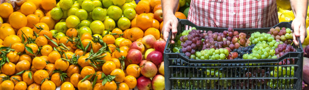 在热带水果市场，一个人提着一篮子新鲜采摘的葡萄图片下载