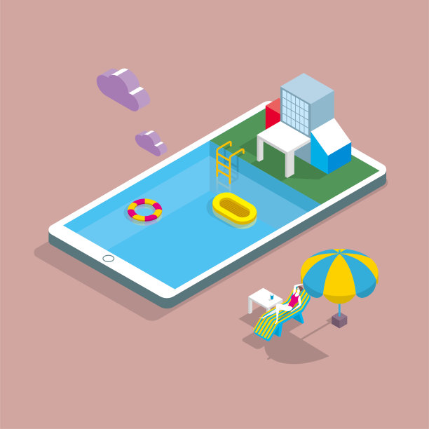 手机上的度假别墅。游泳池里，一个女人躺在椅子上休息。背景是棕色的。图片下载