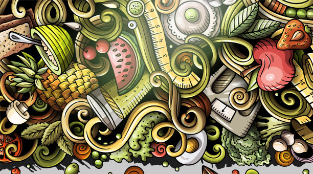 减肥食品手绘涂鸦横幅。卡通详细的传单。图片下载