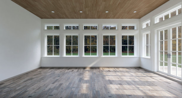 室内的空房间古典风格，木地板和浅色的墙壁装饰轻木造型。有浅色的窗户向外看，可以看到3D渲染的自然景观。图片下载