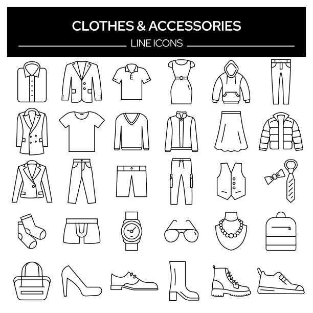 一套衣服和配件相关的线图标。轮廓符号集合，可编辑的笔画图片下载
