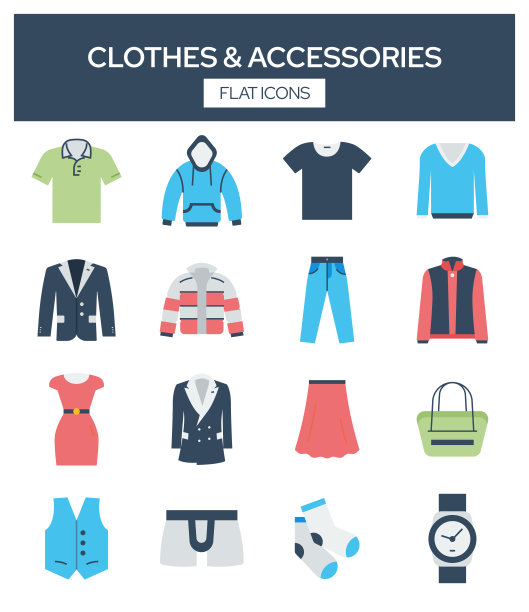 服装和配件相关的现代平面图标向量集合图片下载