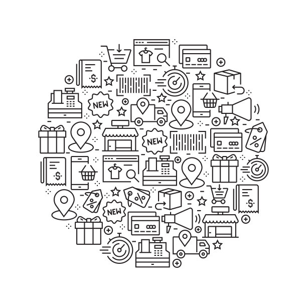 购物和零售概念-黑白线图标，安排在圆圈图片下载