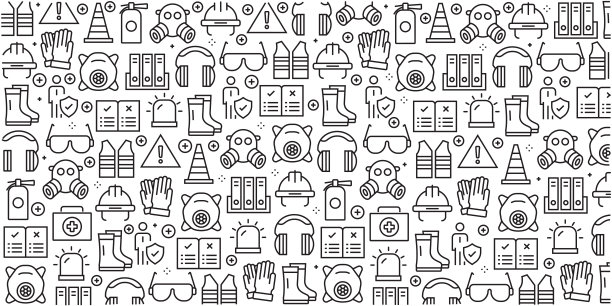 矢量设计模板集和元素为工作安全在流行的线性风格-无缝模式与线性图标有关的工作安全-矢量图片下载