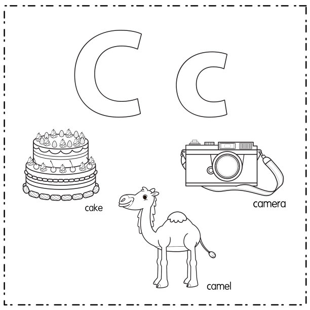 向量插图学习字母C的小写和大写的儿童与3卡通图像。蛋糕骆驼相机。图片下载