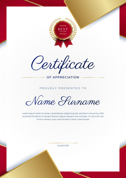 红色、金色豪华奖状模板，多用途奖状边饰徽章设计。优雅的红色和金色毕业证模板图片下载