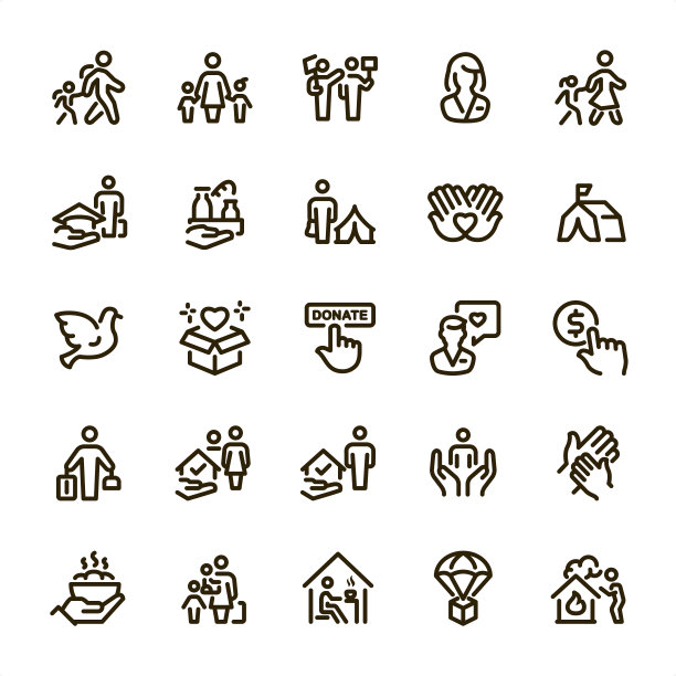 难民与慈善机构像素完美线性图标图片下载
