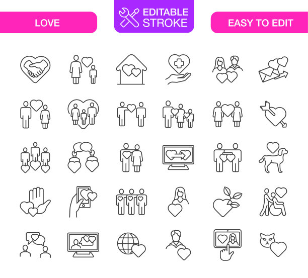 可编辑描边的爱情图标集图片下载