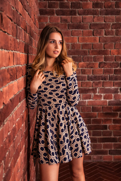 漂亮优雅的封面女郎模特穿着时髦的衣服在砖墙旁摆姿势，沉思地看着别处。优雅可爱的女模特穿着晚装。时尚的风格理念。复制广告文本空间图片下载