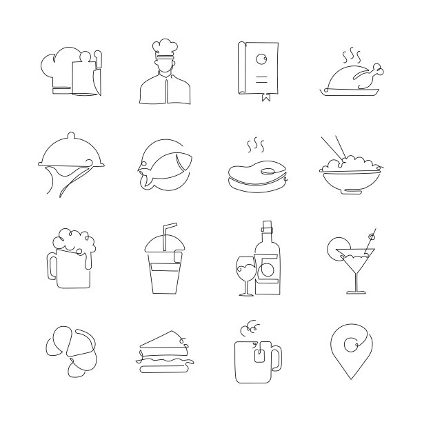 餐厅和食品相关的单线图标。大纲符号集合图片下载