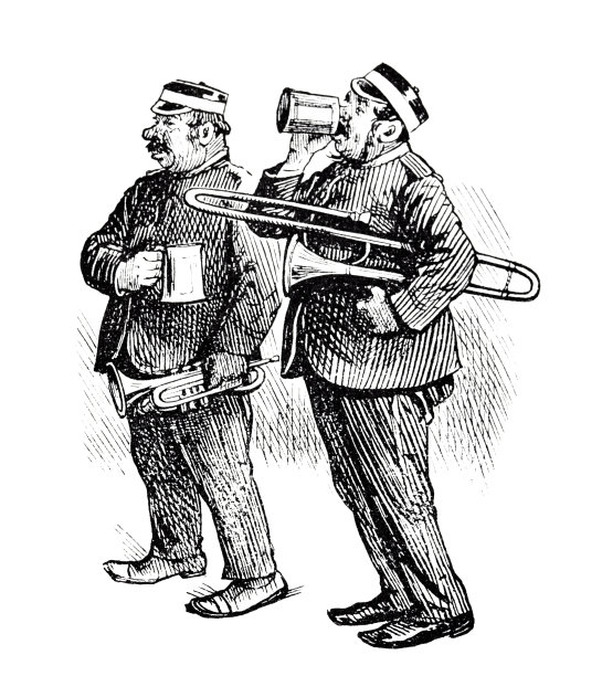 两个号手站着喝啤酒，画面被剪在白色背景上图片下载