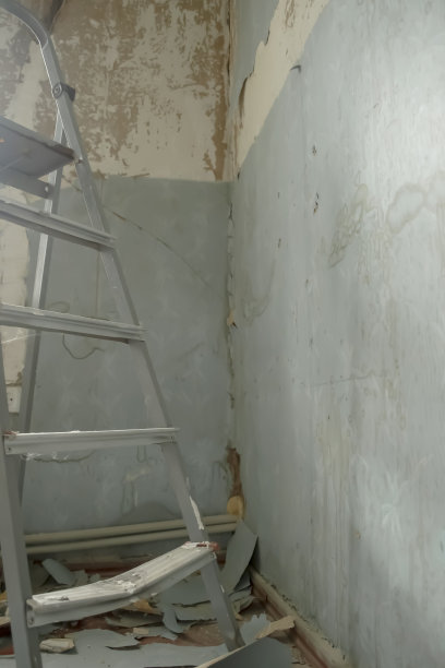 在这个房间里，在破旧的墙纸中间有一个楼梯。图片下载