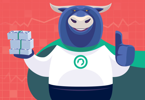 超级英雄公牛拿着一叠钞票，竖起大拇指图片下载