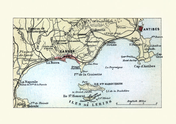 法国戛纳和昂蒂布的古董地图，1890年代，19世纪图片下载
