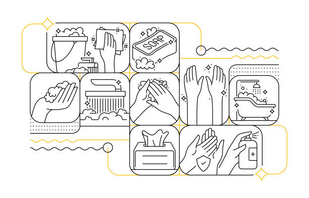 清洁和卫生线图标集和横幅设计图片下载