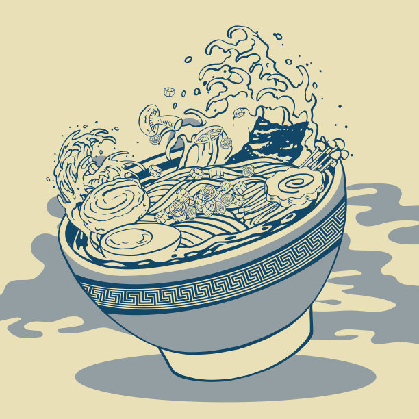 复古手绘美味拉面与日本波浪图片下载