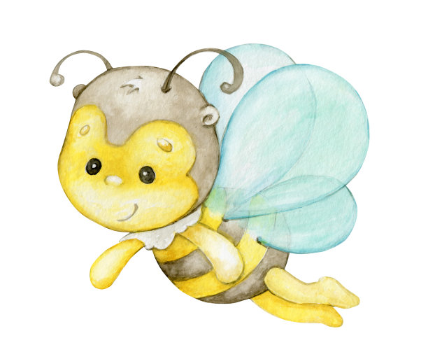 可爱的蜜蜂，她在飞。水彩插图在卡通风格，在一个孤立的背景。图片下载