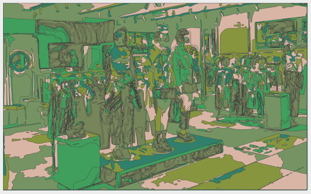 勾勒风格霓虹色彩的立体卡通室内场景，服装卖场的室内空间图片下载