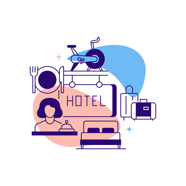 酒店服务和设施相关的横幅设计。接待，在线预订，赌场，国王服，免费Wifi，客房服务，早餐。图片下载