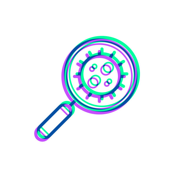 放大镜冠状病毒。图标与两种颜色叠加在白色背景上图片下载